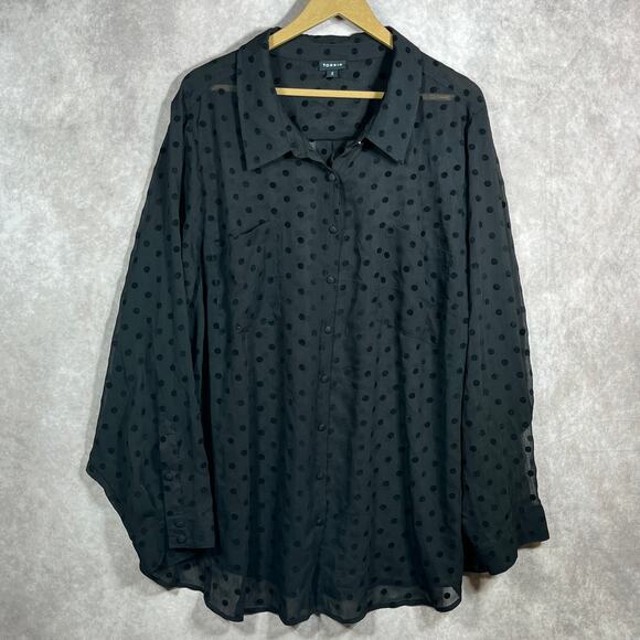 Torrid‎ Madison Blouse Womens 2X Black Chiffon Flocked Dots Button Front Gothic - Picture 1 of 10